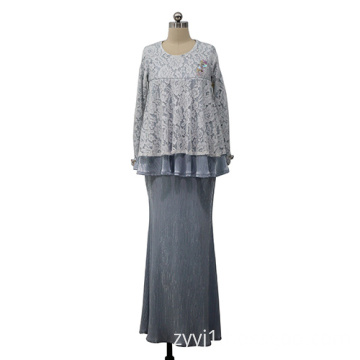 Lace Blue Muslim Suit Dress Lady Long Sleeve